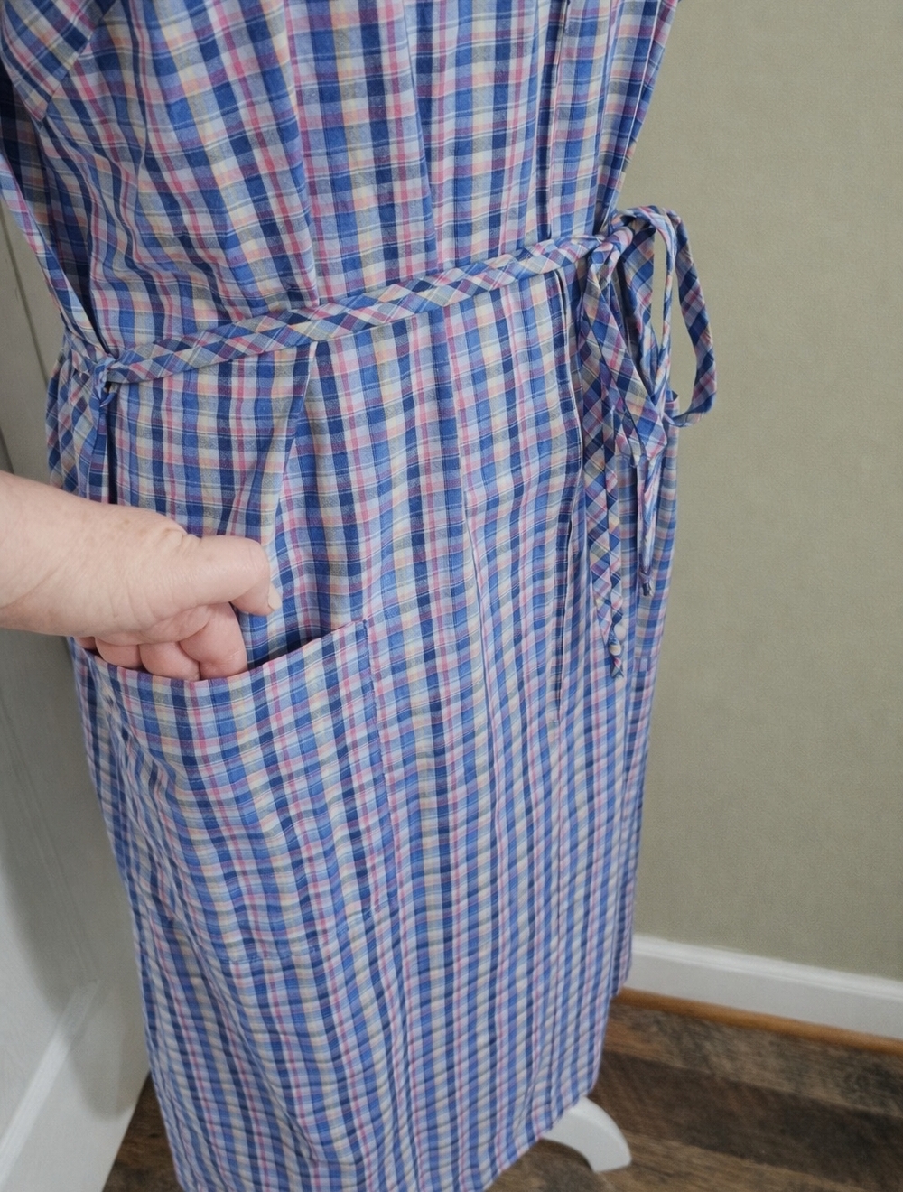 Vintage 80s 90s Plaid Cottagecore House Dress Zip Front Midi Tie Waist Pockets - Picture 5 of 9